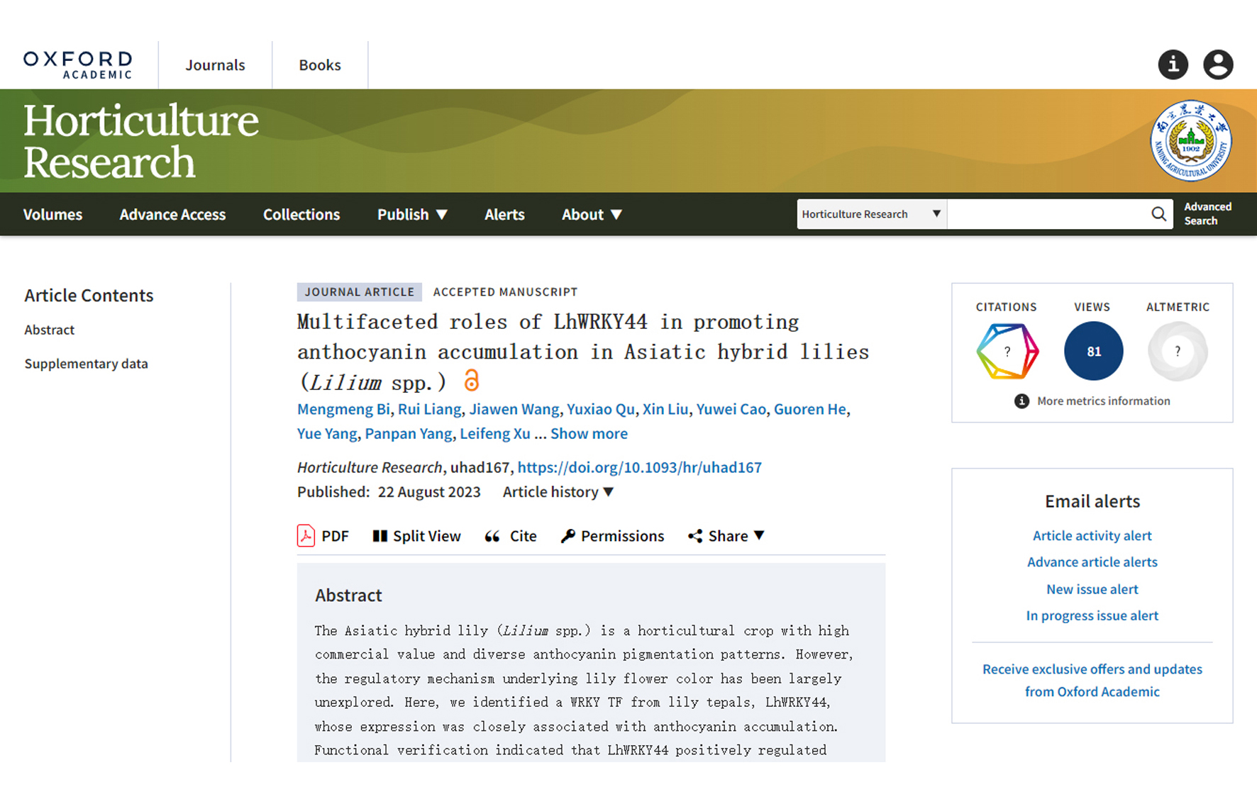 Multifaceted roles of LhWRKY44 in promoting anthocyanin accumulation in Asiatic hybrid lilies (Lilium spp.)