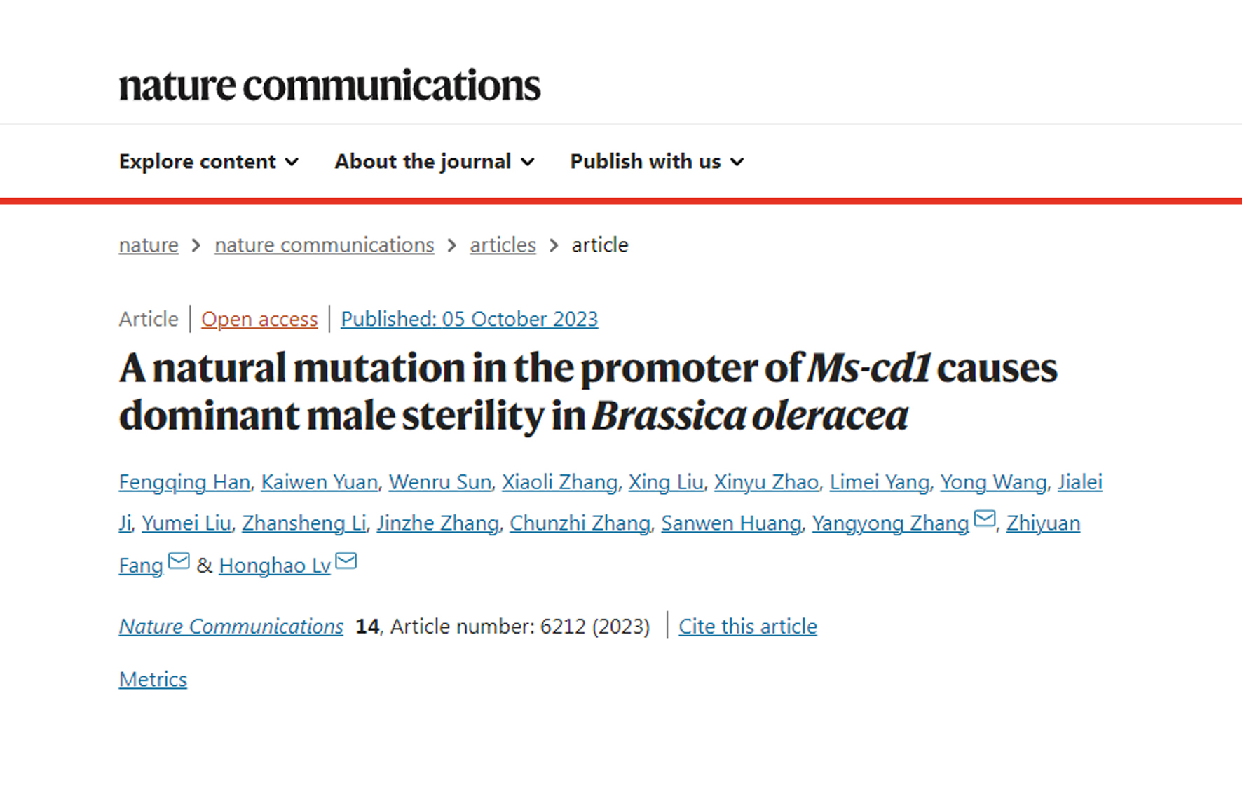 Identification of a key gene Ms-cd1 controlling dominant male sterility in Brassica oleracea